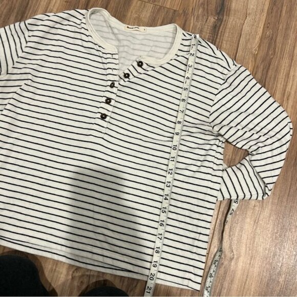 Marine Layer Double Knit Carter Henley Long Sleeve Top in White/Black Stripe - Picture 6 of 9